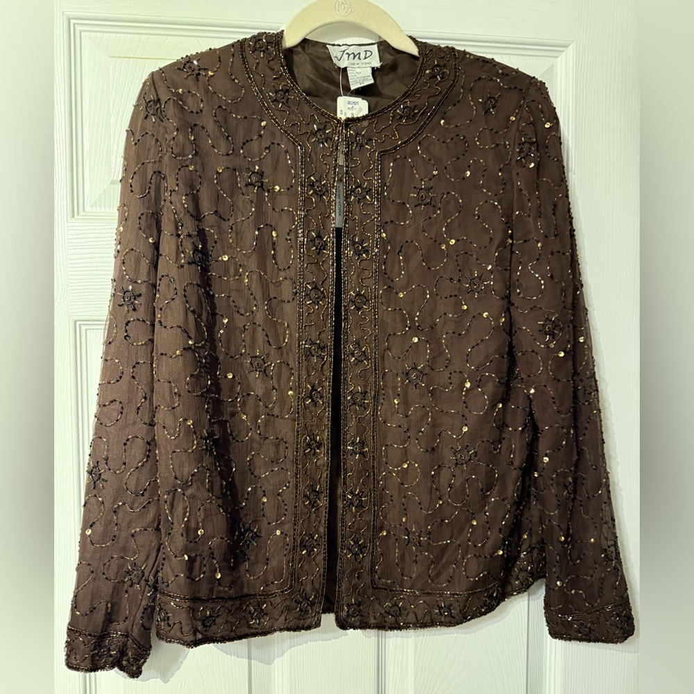 JMD NY Vintage Silk Brown Beaded Blazer Jacket Size PS